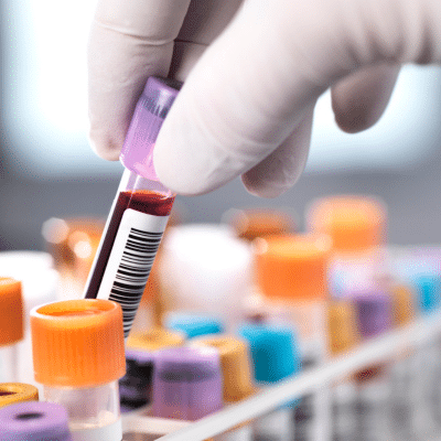Person pulling a vial of blood from a container, representing blood health