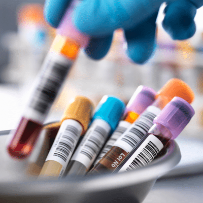 A gloved hand holding a test tube blood sample, representing hematology oncology clinical trials