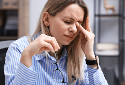 Woman experiencing fatigue in the office, representing when to see a doctor for anemia symptoms